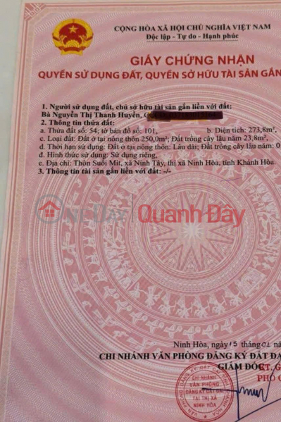 Property Search Vietnam | OneDay | Nhà ở, Niêm yết bán | Chính chủ nhượng lại hơn 400m2 đất (274m2 thổ cư) tại Ninh Tây – Ninh Hòa - Khánh Hòa