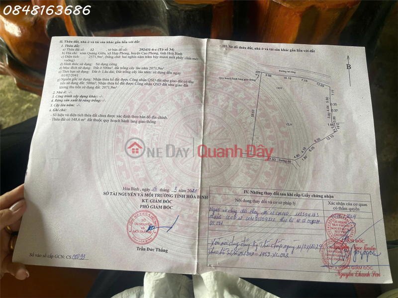 Bán lô đất siêu đẹp trung tâm xã Hợp Phong, Cao Phong, Hoà Bình, DT 480m2, giá đầu tư Niêm yết bán