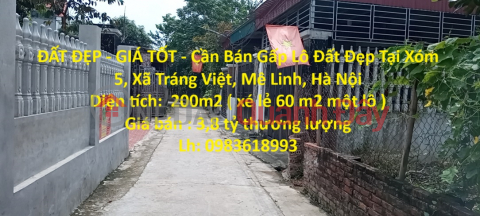 BEAUTIFUL LAND - GOOD PRICE - Urgent Sale Beautiful Land Lot In Hamlet 5, Trang Viet Commune, Me Linh, Hanoi _0