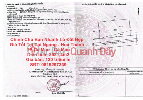 Chính Chủ Bán Nhanh Lô Đất Đẹp - Giá Tốt Tại Cái Ngang - Hoà Thành - TP Cà Mau - Cà Mau _0