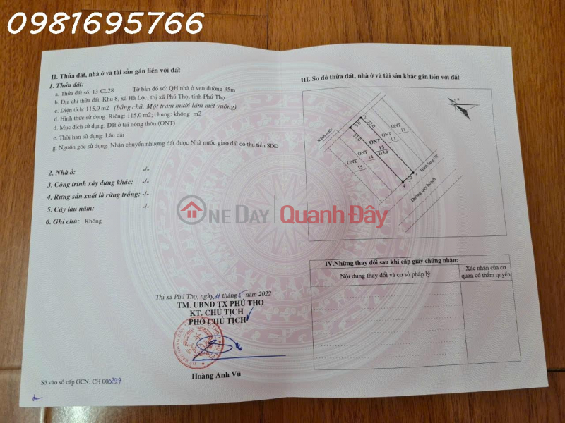 Property Search Vietnam | OneDay | Residential Sales Listings | Owner needs to sell 115m2 of land on Road 35, Ha Loc Commune, Phu Tho, investment price