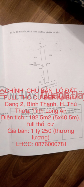 CHÍNH CHỦ BÁN LÔ ĐẤT FULL THỔ CƯ ĐẸP Ấp Bình Cang 2, Bình Thạnh, H. Thủ Thừa, Tỉnh Long An Niêm yết bán