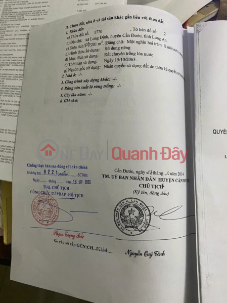 LAND FOR SALE: AREA 1201M2 (300M2 RESIDENTIAL LAND),FRONTAGE 16.5M, TITLE DEED AVAILABLE, LOCATED ON DT830 ROAD, CAN DUOC DISTRICT, LONG AN PROVINCE Sales Listings