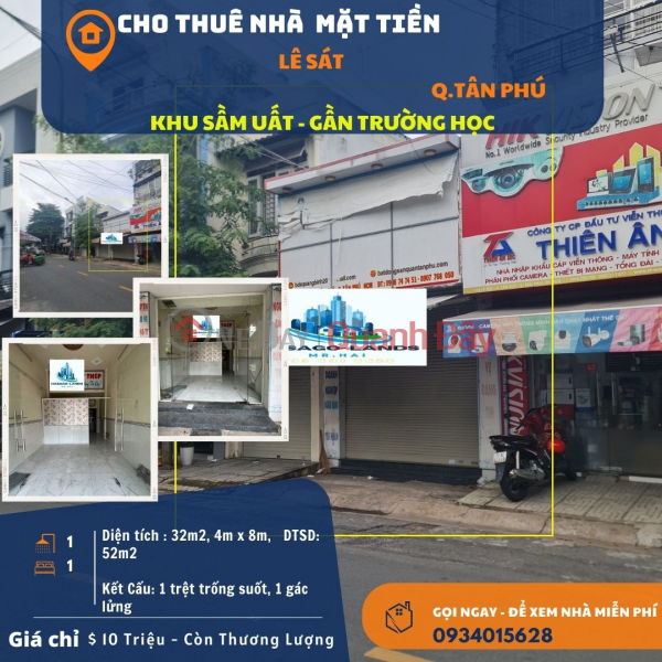 CỰC SỐC- Cho thuê nhà mặt tiền Lê Sát 32m2, 10 Triệu- gần TRƯỜNG HỌC Niêm yết cho thuê