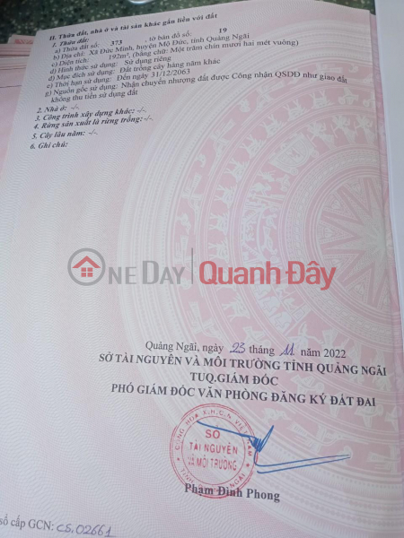 GENERAL FOR SALE QUICKLY Land Lot In Duc Minh Commune, Mo Duc District, Quang Ngai Province Sales Listings