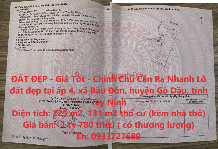 BEAUTIFUL LAND - Good Price - Owner Needs Quick Move Beautiful land plot in Go Dau district, Tay Ninh province Sales Listings