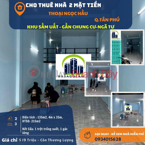 HIẾM- Cho thuê nhà mặt tiền Thoại Ngọc Hầu 135m2, 19Triệu - gần CHUNG CƯ _0