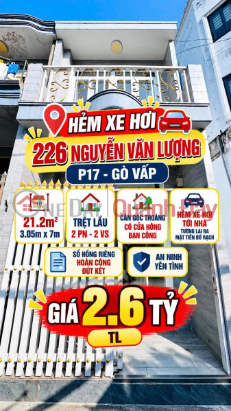 Corner house for sale at alley 226 Nguyen Van Luong Street, Ward 17, Go Vap District, 21m2, 2 bedrooms, price 2.6 billion VND. Sales Listings