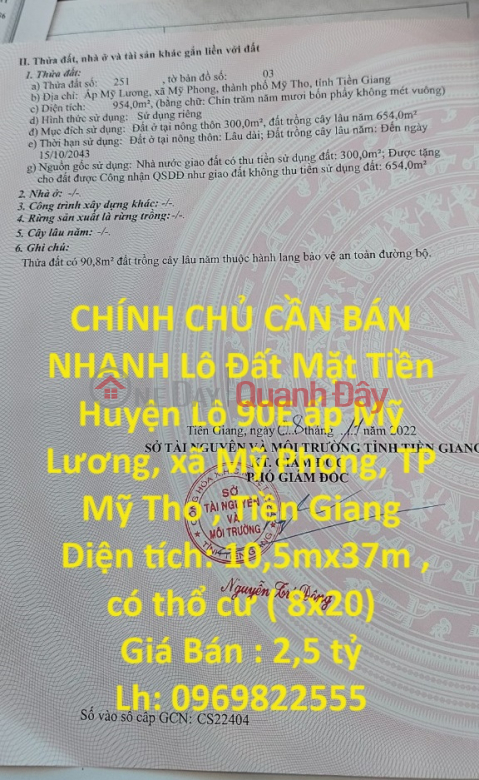 CHÍNH CHỦ CẦN BÁN NHANH Lô Đất Mặt Tiền Huyện Lộ 90E Thuộc TP Mỹ Tho - Tiền Giang _0