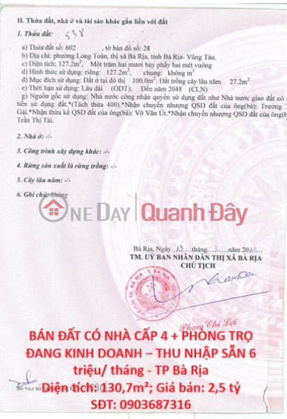 BÁN ĐẤT CÓ NHÀ CẤP 4 + PHÒNG TRỌ ĐANG KINH DOANH – THU NHẬP SẴN 6 triệu/ tháng - TP Bà Rịa Niêm yết bán