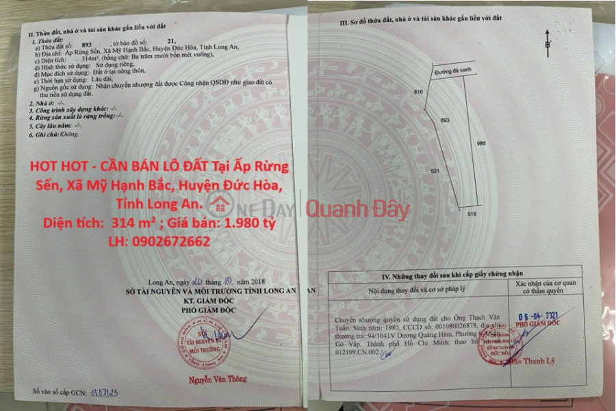 HOT HOT - CẦN BÁN LÔ ĐẤT Tại Ấp Rừng Sến, Xã Mỹ Hạnh Bắc, Huyện Đức Hòa, Tỉnh Long An. Niêm yết bán