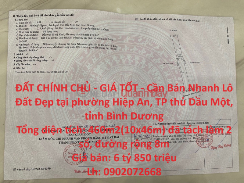 PRIME LAND - GOOD PRICE - Need to Sell Beautiful Land Plot Quickly in Dau Mot City, Binh Duong Province Sales Listings
