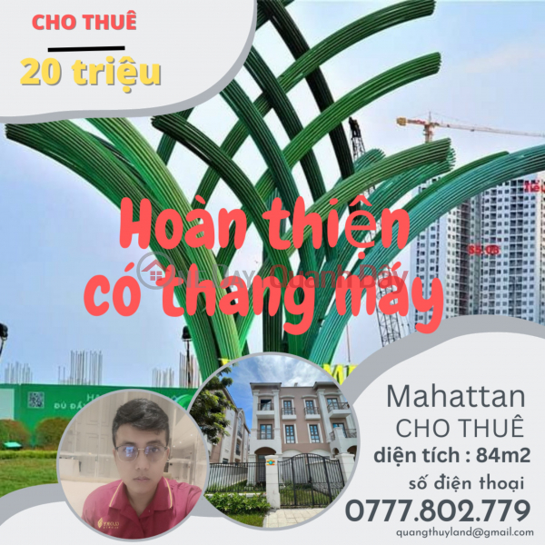 Vinhomes Grand Park 
DT :84m2 ( mahattan )
giá ju thương chỉ 20 triệu Niêm yết cho thuê