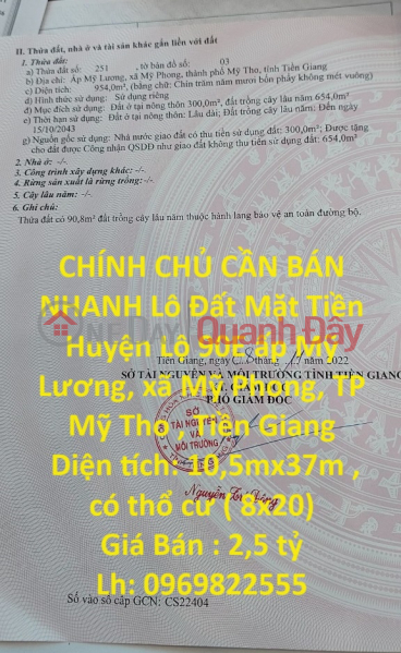 CHÍNH CHỦ CẦN BÁN NHANH Lô Đất Mặt Tiền Huyện Lộ 90E Thuộc TP Mỹ Tho - Tiền Giang Niêm yết bán