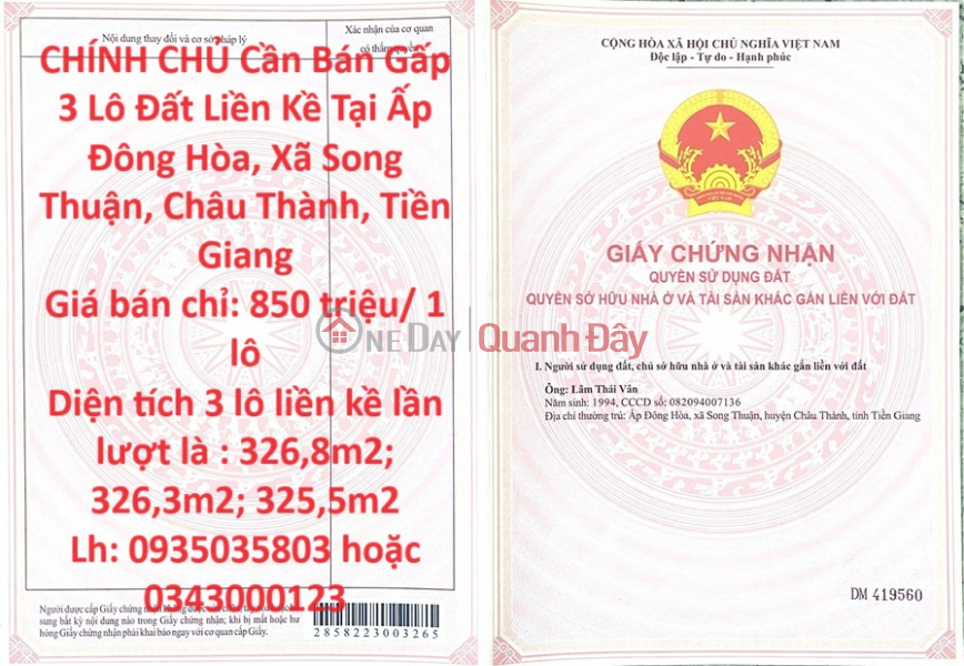 OWNER For Urgent Sale 3 Adjacent Land Lots In Dong Hoa Hamlet, Song Thuan Commune, Chau Thanh, Tien Giang Sales Listings