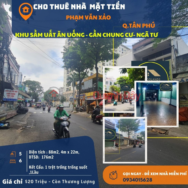 Cho thuê nhà Mặt Tiền Phạm Văn Xảo 88m2, 1Lầu, 20Triệu, gần chung cư Niêm yết cho thuê