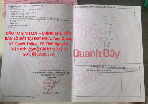 ĐẦU TƯ SINH LỜI – CHÍNH CHỦ CẦN BÁN LÔ ĐẤT TẠI KĐT MI-A, Tam Quan, Xã Quyết Thắng, TP. Thái Nguyên _0