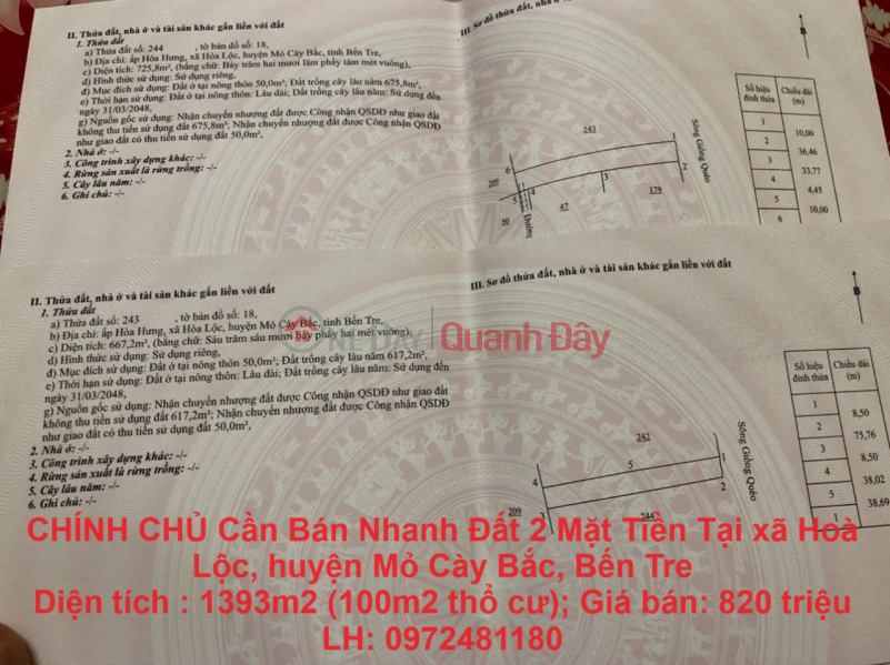 CHÍNH CHỦ Cần Bán Nhanh Đất 2 Mặt Tiền Tại Xã Hoà Lộc, Bến Tre Niêm yết bán