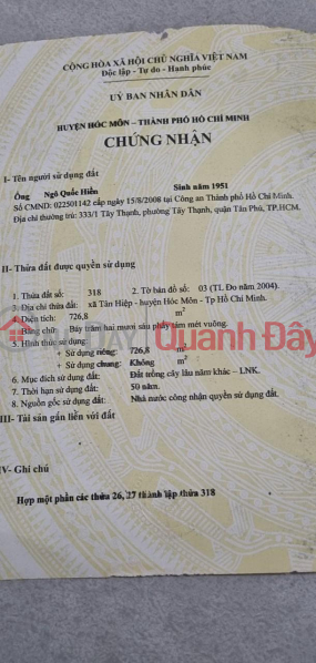 GENUINE For Quick Sale Land Lot Location In Hoc Mon District - HCMC Sales Listings