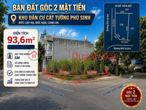 BÁN ĐẤT ĐỨC HOÀ TỈNH TÂY NINH - DT 93,6 M2 - SHR - 2TỶ050TR. LH:0903974577 _0