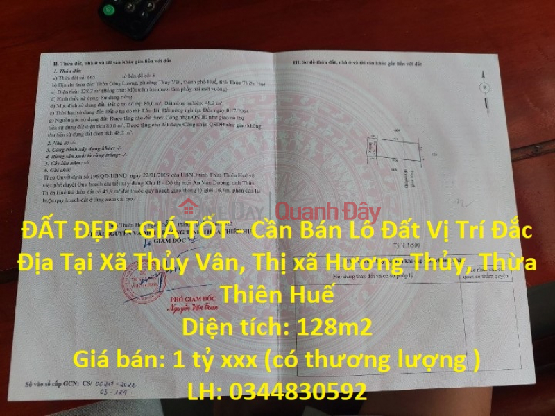 ĐẤT ĐẸP - GIÁ TỐT - Cần Bán Lô Đất Vị Trí Đắc Địa Tại Xã Thủy Vân, Thị xã Hương Thủy, Thừa Thiên Huế Niêm yết bán