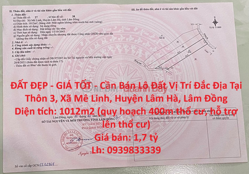 ĐẤT ĐẸP - GIÁ TỐT - Cần Bán Lô Đất Vị Trí Đắc Địa Tại Thôn 3, Xã Mê Linh, Huyện Lâm Hà, Lâm Đồng Niêm yết bán