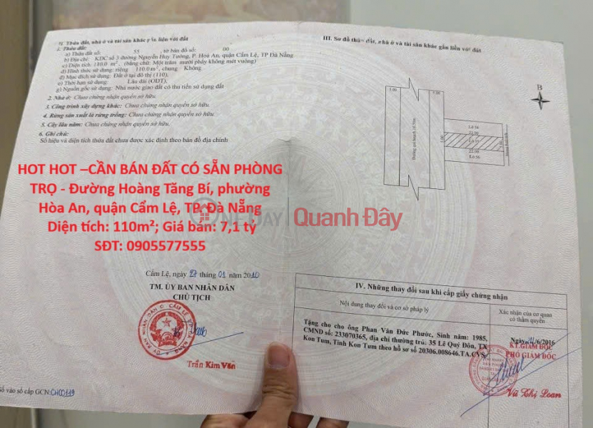 HOT HOT –CẦN BÁN ĐẤT CÓ SẴN PHÒNG TRỌ - Đường Hoàng Tăng Bí, phường Hòa An, quận Cẩm Lệ, TP. Đà Nẵng Niêm yết bán