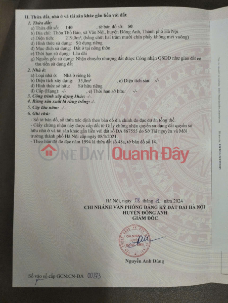 Property Search Vietnam | OneDay | Nhà ở | Niêm yết bán RẺ ĐẸP NHẤT KHU. Đất Thố Bảo, Vân Nội, Đông Anh. Giá Bán Nhanh Trong Tuần