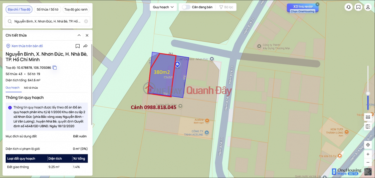 Bán đất 380m2 đường Nguyễn Bình, xã Nhơn Trạch, Nhà Bè, TP Hồ Chí Minh Niêm yết bán