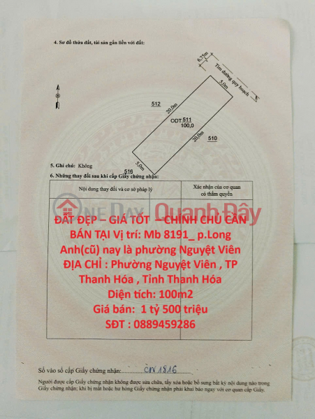 BEAUTIFUL LAND - GOOD PRICE - OWNER NEEDS TO SELL AT Location: Mb 8191_ Long Anh ward (old) now Nguyet Vien ward Sales Listings