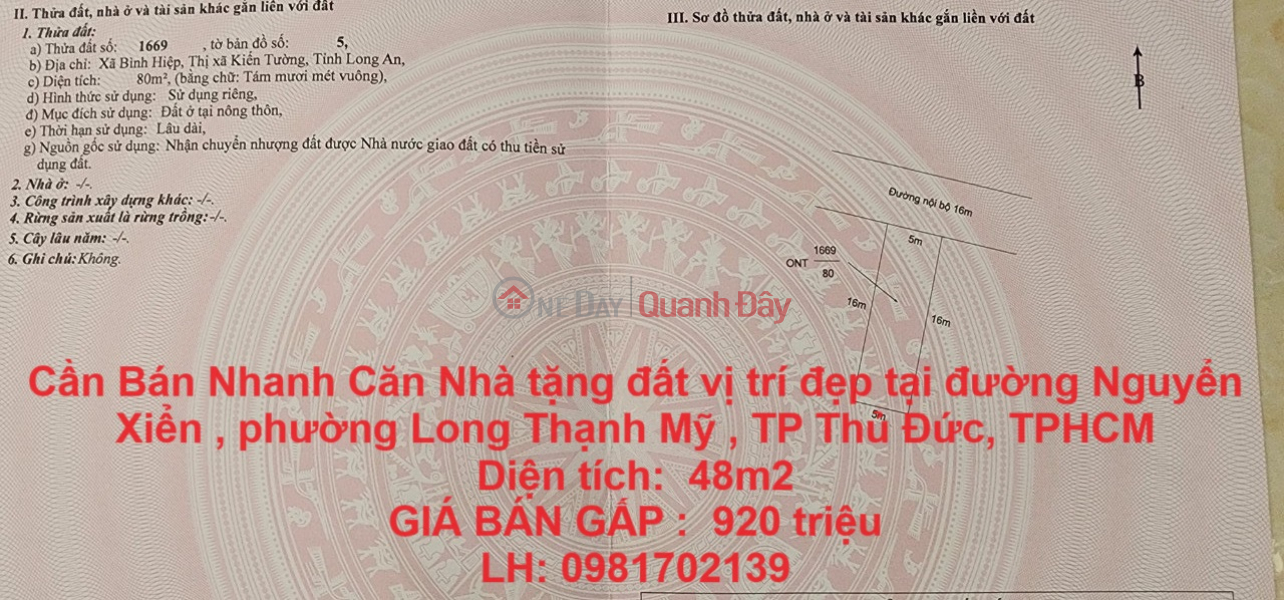 Owner Needs to Sell Land in Binh Hiep Commune, Kien Tuong Town, Long An Sales Listings