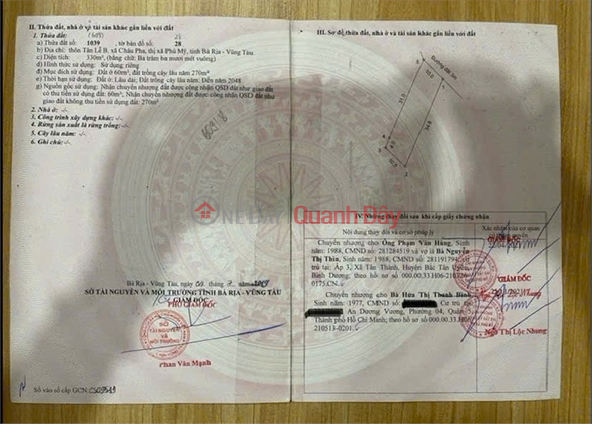 ĐẤT CHÍNH CHỦ - 2 MẶT TIỀN - Xã Châu Pha, TX Phú Mỹ, Bà Rịa Vũng Tàu ( nay là TP HCM ) Niêm yết bán
