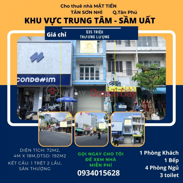 Cho thuê nhà Mặt Tiền Tân Sơn Nhì 72m2, 2LẦU, 35Triệu Niêm yết cho thuê