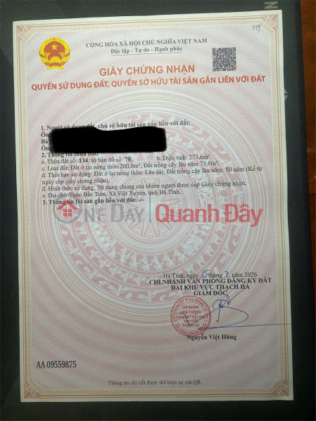 ĐẦU TƯ SINH LỜI – CẦN BÁN LÔ ĐẤT 273,6M², Thôn Bắc Tiến, X. Việt Xuyên, T. Hà Tĩnh Niêm yết bán