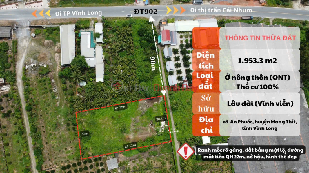 URGENTLY FOR SALE 1953.3m² Land, 100% Residential Land Frontage Provincial Road 902, An Phuoc Commune, Mang Thit District, Vinh Long Sales Listings