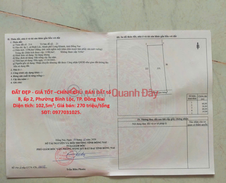 ĐẤT ĐẸP - GIÁ TỐT –CHÍNH CHỦ BÁN ĐẤT tổ 8, ấp 2, Phường Bình Lộc, TP. Đồng Nai Niêm yết bán