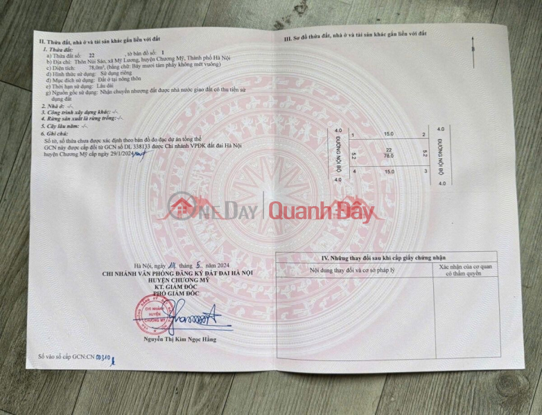 CHÍNH CHỦ BÁN LÔ ĐẤT 78M TẠI NÚI SÁO-MỸ LƯƠNG-CHƯƠNG MỸ-HÀ NỘI, Việt Nam, Bán | đ 10 triệu