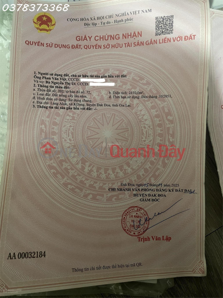 Urgent sale of land in Tan Binh, Dak Doa, 3.6 billion VND, 2500m2, full legal documents, East facing. Sales Listings