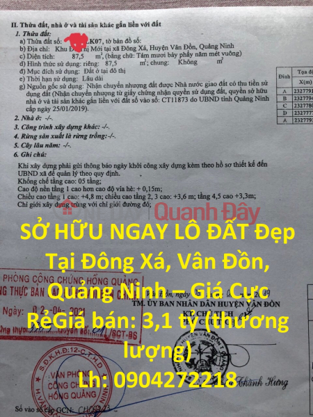 SỞ HỮU NGAY LÔ ĐẤT Đẹp Tại Đông Xá, Vân Đồn, Quảng Ninh – Giá Cực Rẻ Niêm yết cho thuê