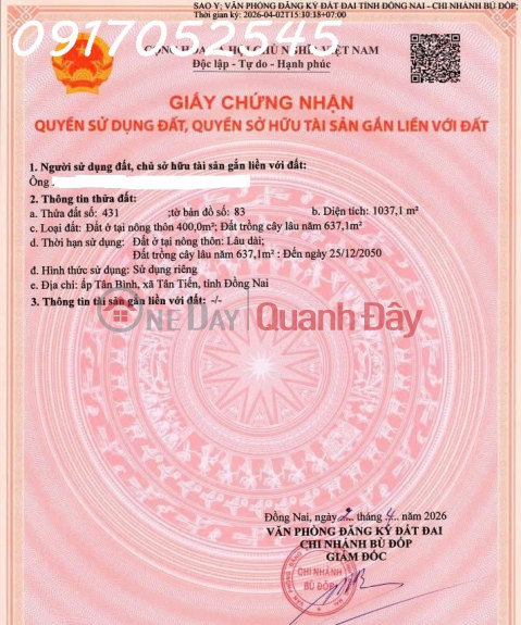 Chính chủ cần bán đất xã Tân Tiến, Bù Đốp, DT 1.037m2, thổ cư sẵn 400m2, giá đầu tư _0