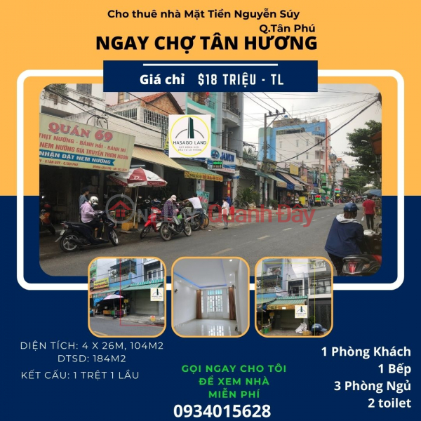 Cho thuê nhà Mặt Tiền chợ Tân Hương 104m2, 1LẦU, 18 triệu Niêm yết cho thuê