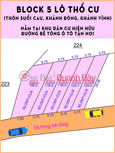 BÁN LOCK 5 LÔ KHÁNH ĐÔNG, KHÁNH VĨNH, KHÁNH HÒA FULL THỔ DÂN ĐÔNG 2 ĐẦU, ĐƯỜNG Ô TÔ TẬN ĐẤT Niêm yết bán