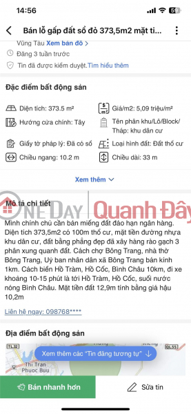 ĐẤT ĐẸP - GIÁ TỐT - CHÍNH CHỦ BÁN LÔ ĐẤT MẶT TIỀN ĐƯỜNG NHỰA Tại Tỉnh Bà Rịa - Vũng Tàu Việt Nam Bán, đ 1,8 tỷ