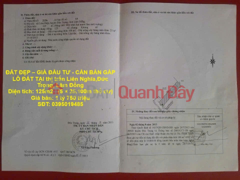 BEAUTIFUL LAND - INVESTMENT PRICE - URGENTLY NEED TO SELL LAND LOT IN Lien Nghia town, Duc Trong, Lam Dong _0