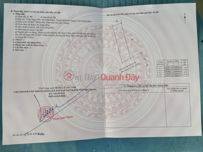 BÁN LÔ ĐẤT MẶT TIỀN ĐƯỜNG OTO 7M NĂM QUÝ- XÃ VĨNH NGỌC - TP NHA TRANG Niêm yết bán