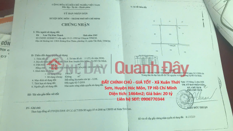 ĐẤT CHÍNH CHỦ - GIÁ TỐT - Xã Xuân Thới Sơn, Huyện Hóc Môn, TP Hồ Chí Minh _0