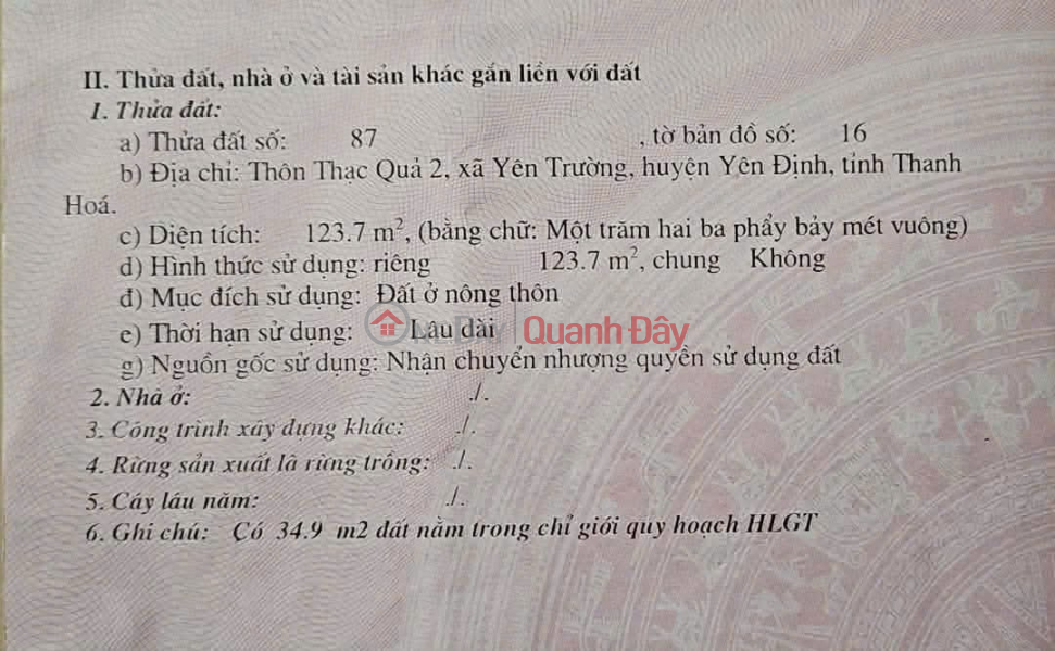 HOT HOT – CẦN BÁN ĐẤT GẦN NHÀ XE HOÀNG ĐÔNG, PHỐ KIỂU, X. Yên Trường, H. Yên Định, T. Thanh Hóa Niêm yết bán
