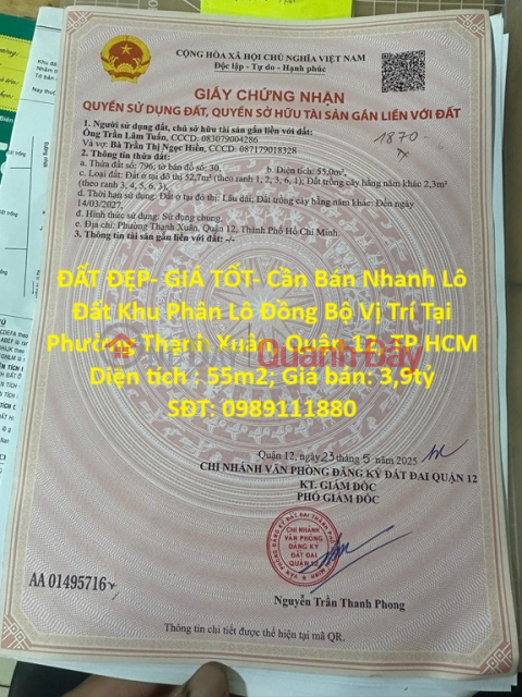 PRIME LAND - GREAT PRICE - Urgent Sale of a Plot of Land in a Well-Planned Residential Area in District 12, Ho Chi Minh City _0