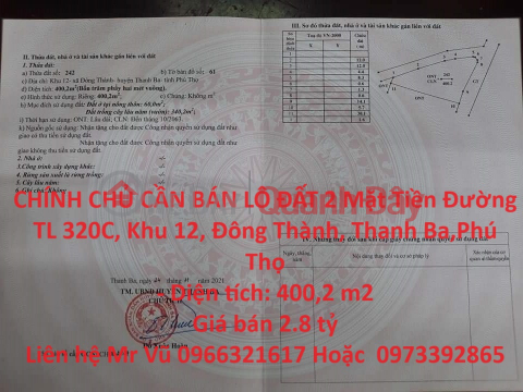 OWNER FOR SALE LOT OF LAND 2 Front Street TL 320C, Area 12, Dong Thanh, Thanh Ba, Phu Tho _0