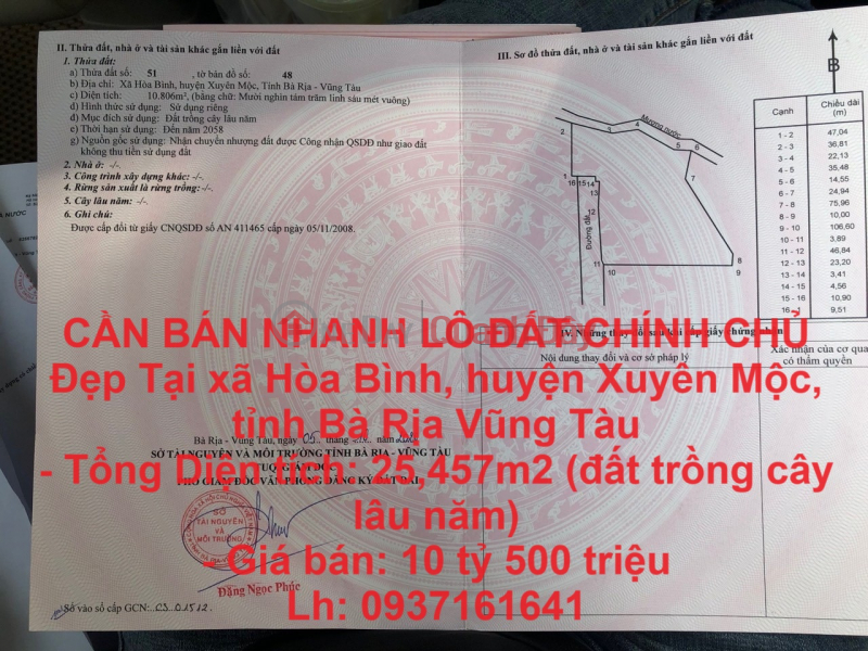 CẦN BÁN NHANH LÔ ĐẤT CHÍNH CHỦ Đẹp Tại xã Hòa Bình, huyện Xuyên Mộc, tỉnh Bà Rịa Vũng Tàu Niêm yết bán